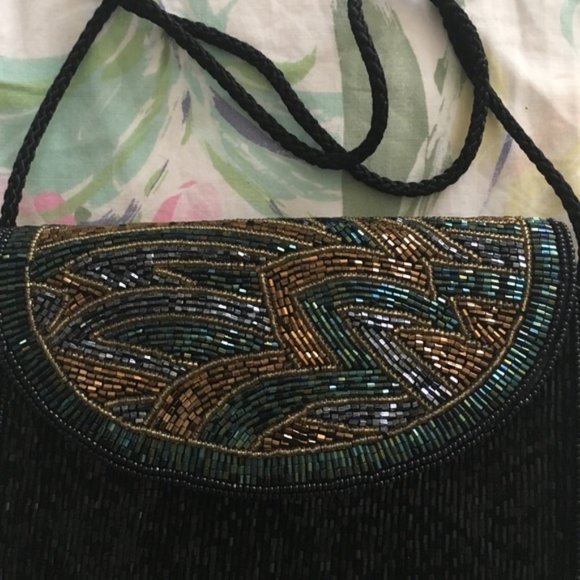 Talbots black green and gold beaded clutch purse - Picture 3 of 5